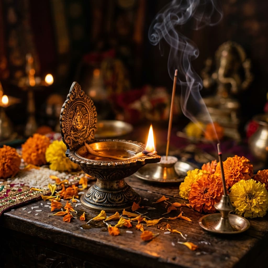 A lit diya for home pooja